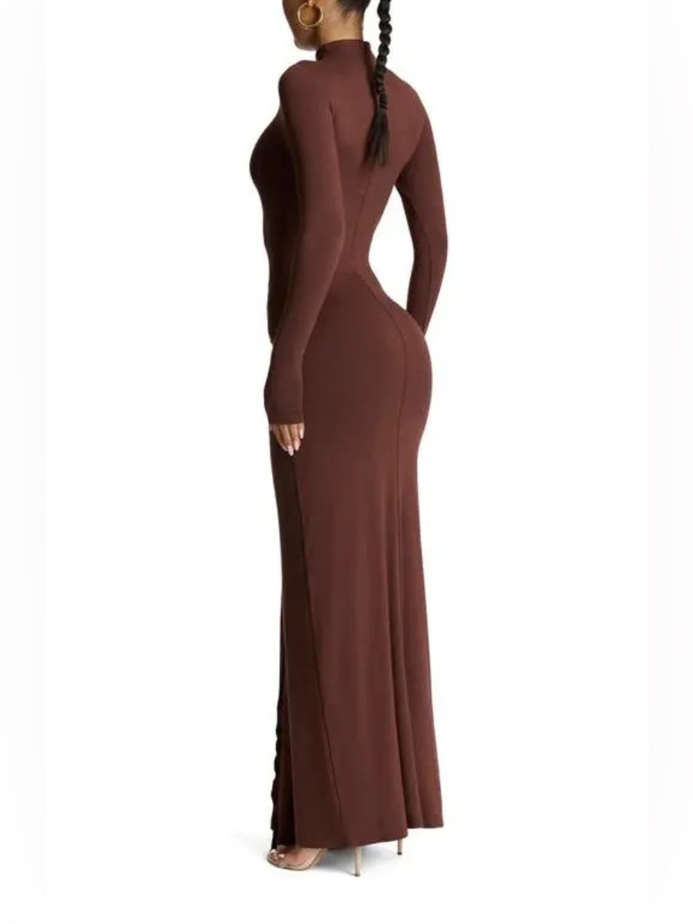 NAKED WARDROBE Tie Waist Maxi Dress XL Chocolate Brown Funnel Neck Trendy Party - Picture 2 of 9